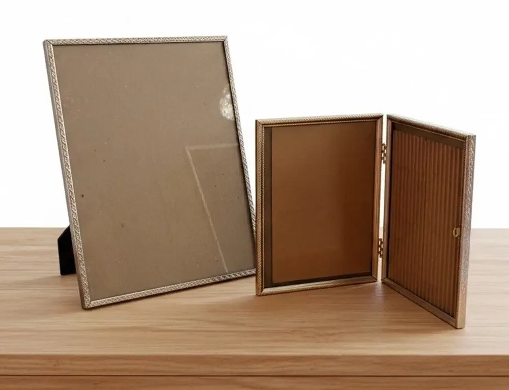 2 Vtg Mid Century Gold Tone Metal Picture Frame Single & Bifold Hinged 70s Set 2